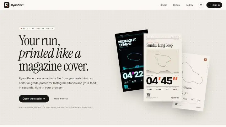 RyannPace landing page: 'Your run, printed like a magazine cover' beside three sample run posters