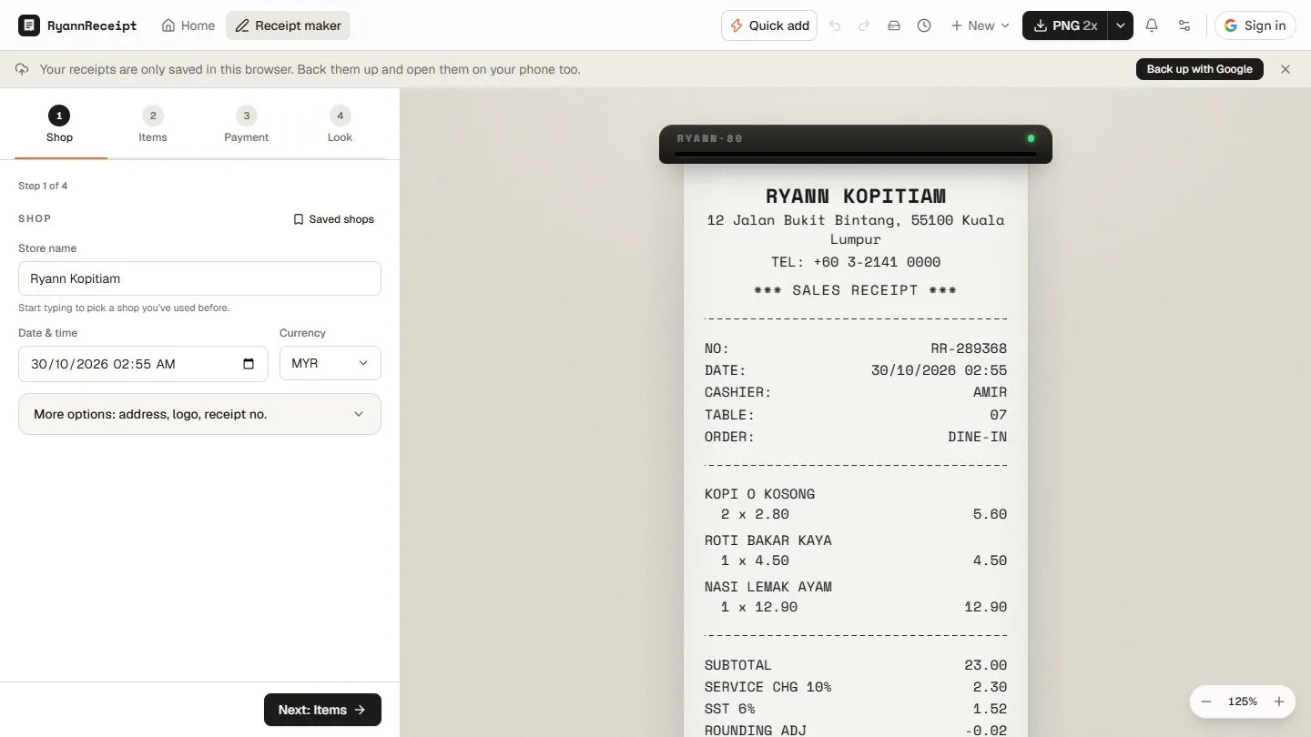 RyannReceipt receipt maker: step-by-step shop details form next to a live receipt preview